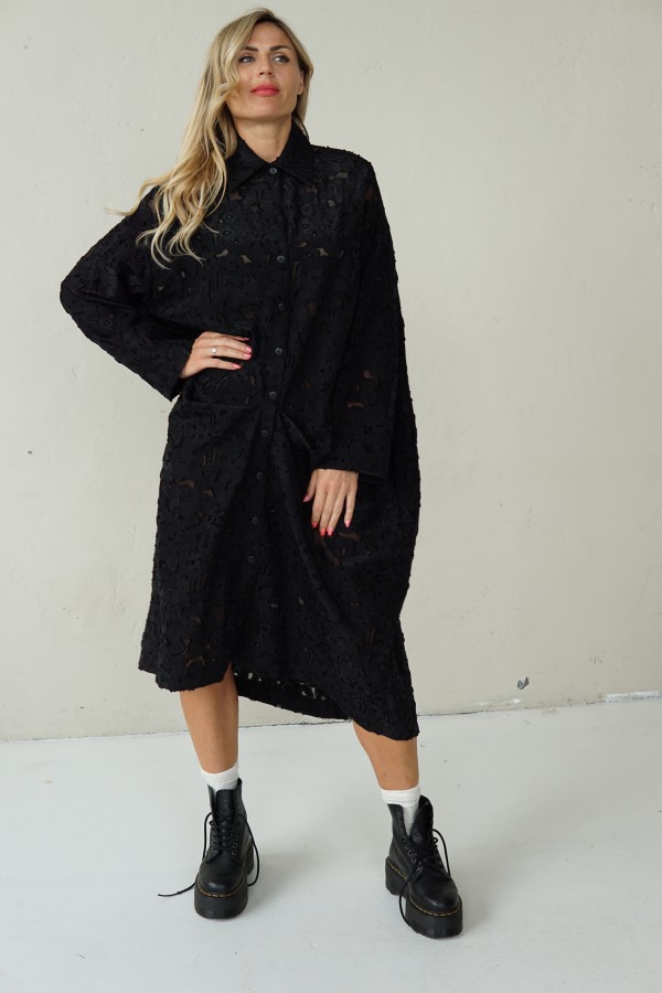 BLACK LONG JACQUARD SHIRT WITH FRONT PLEAT