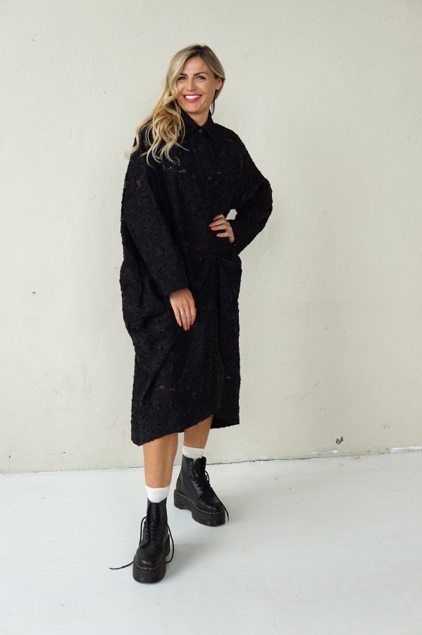 BLACK LONG JACQUARD SHIRT WITH FRONT PLEAT