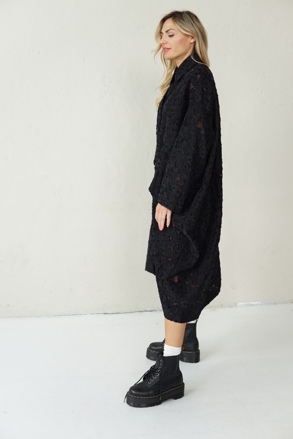 BLACK LONG JACQUARD SHIRT WITH FRONT PLEAT