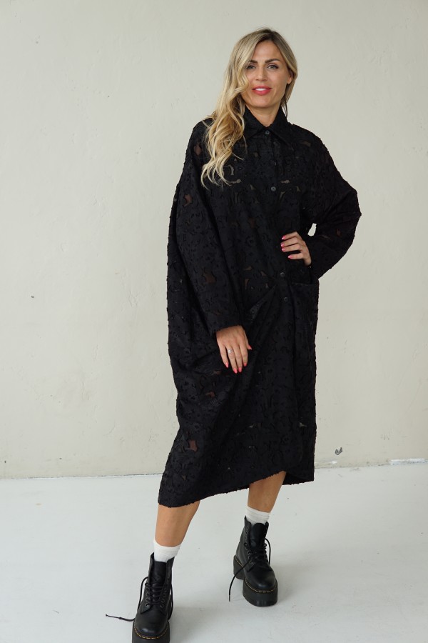 BLACK LONG JACQUARD SHIRT WITH FRONT PLEAT