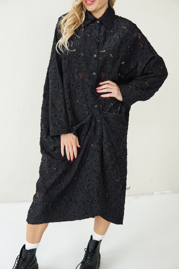 BLACK LONG JACQUARD SHIRT WITH FRONT PLEAT