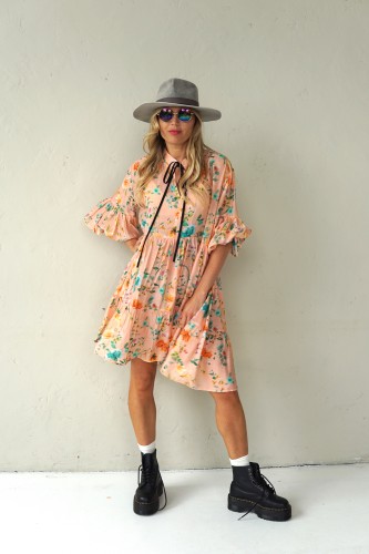 ROMANTIC VISCOSE DRESS WITH PUFF SLEEVES