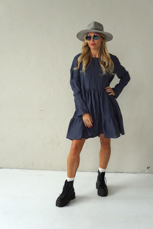 GREY LINEN DRESS WITH LONG SLEEVE