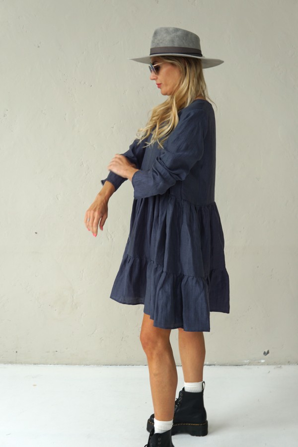 GREY LINEN DRESS WITH LONG SLEEVE