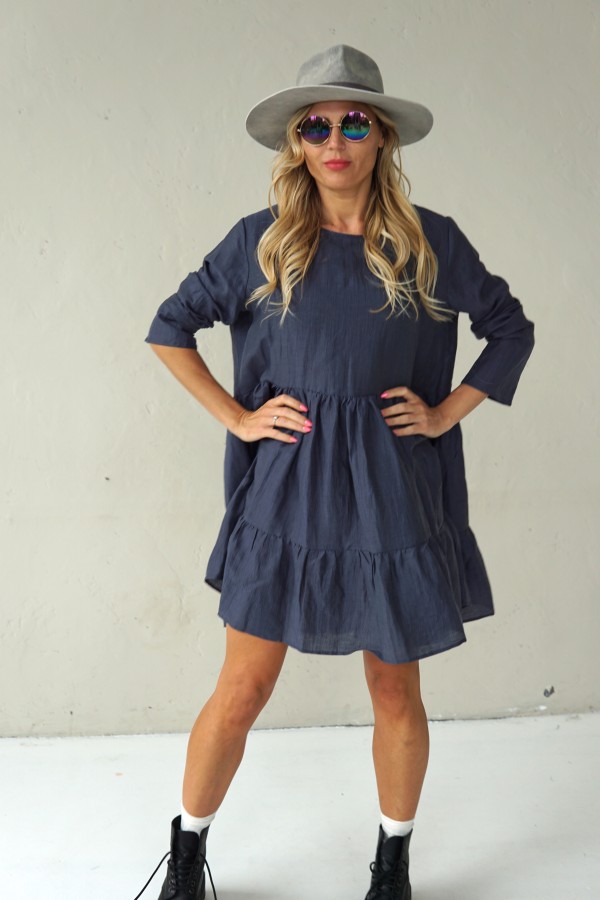 GREY LINEN DRESS WITH LONG SLEEVE