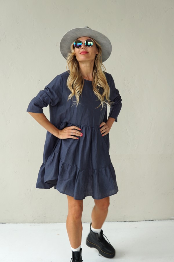 GREY LINEN DRESS WITH LONG SLEEVE