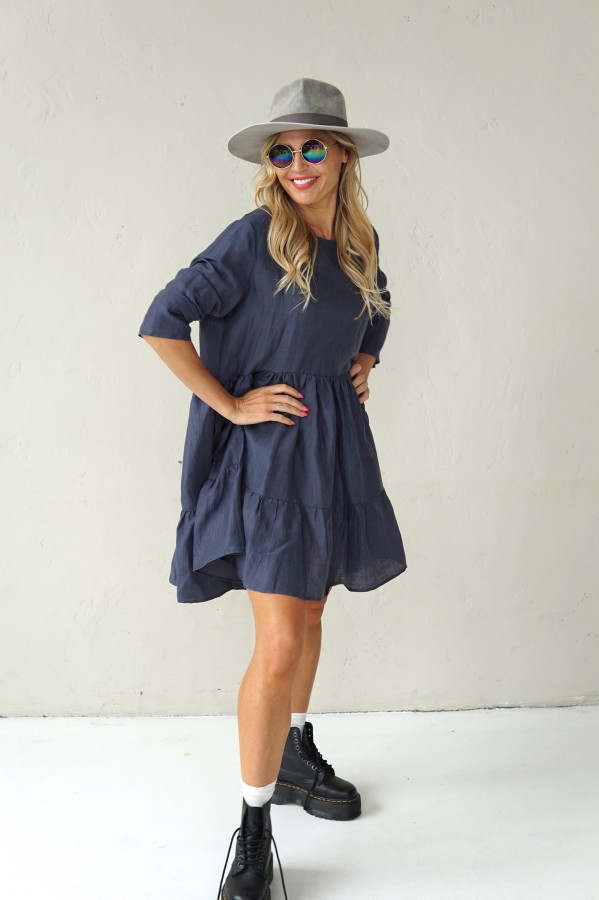 GREY LINEN DRESS WITH LONG SLEEVE