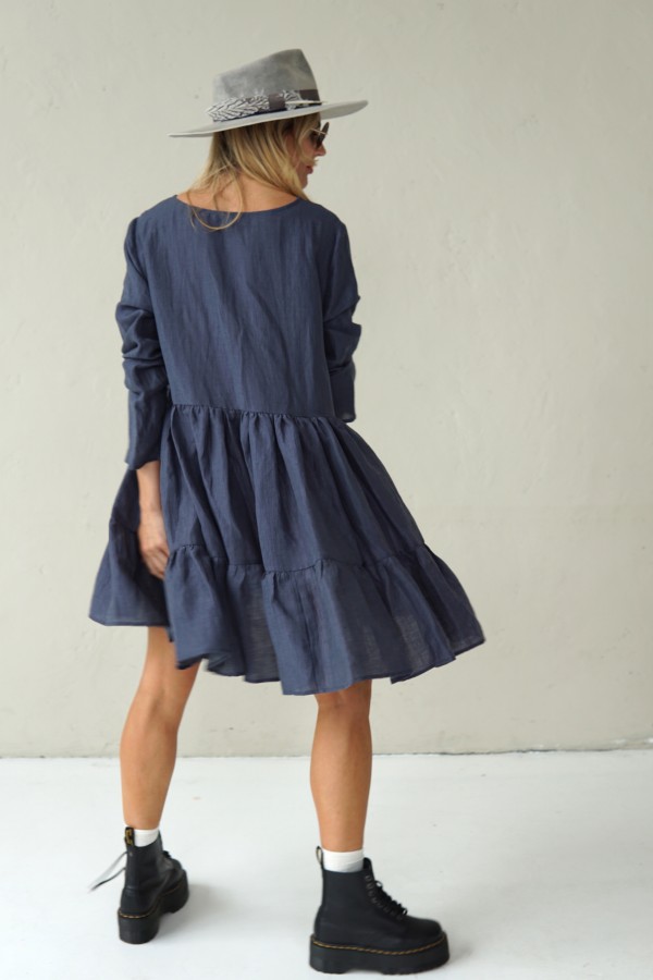GREY LINEN DRESS WITH LONG SLEEVE