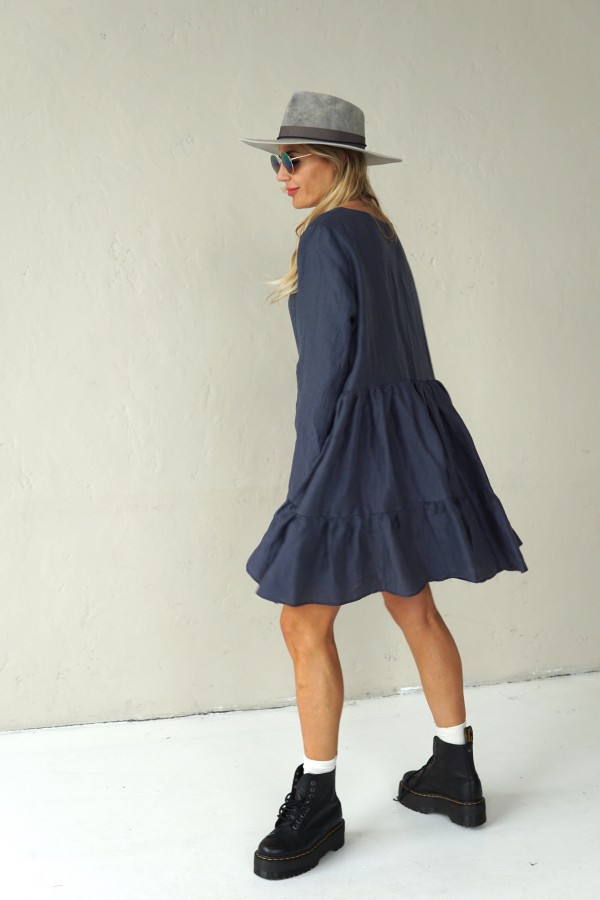 GREY LINEN DRESS WITH LONG SLEEVE