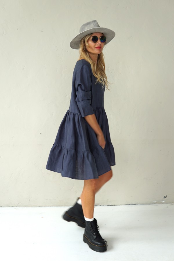 GREY LINEN DRESS WITH LONG SLEEVE