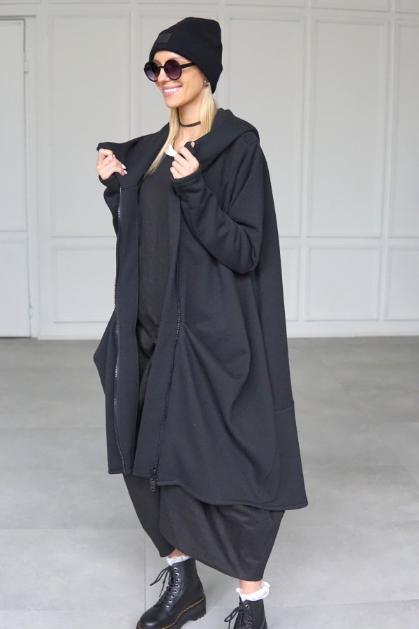 Black fleece long oversized hoodie with zipper