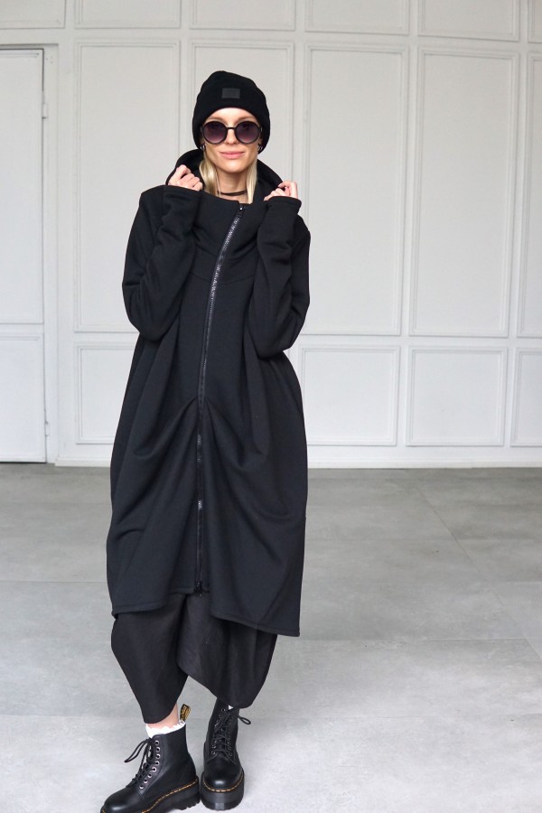 Black fleece long oversized hoodie with zipper