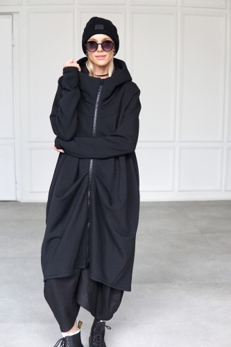 Black fleece long oversized hoodie with zipper