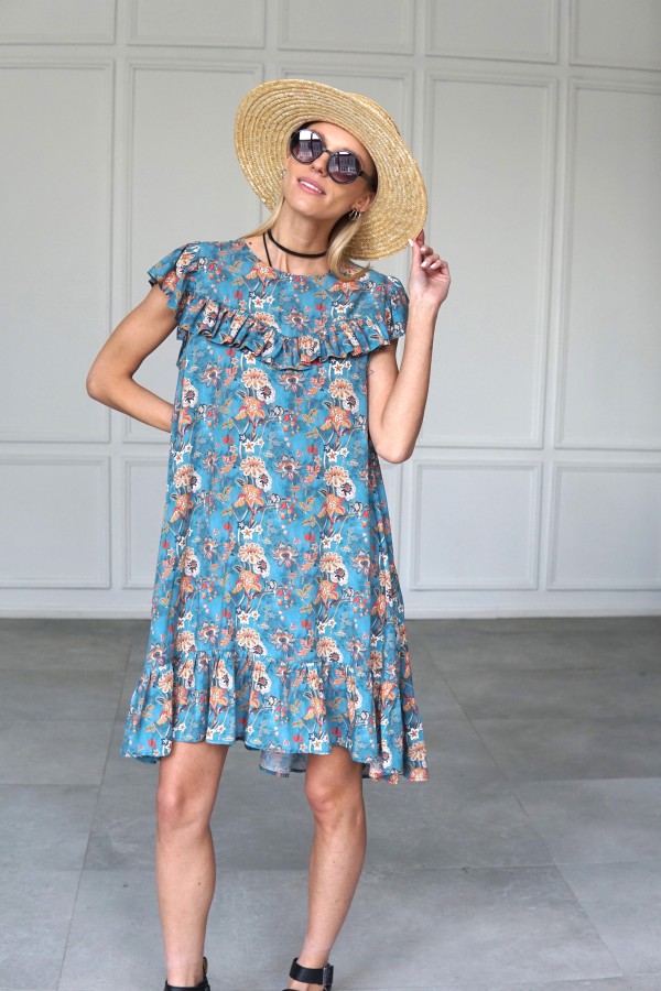 BOHO BLUE DRESS WITH SHORT SLEEVES