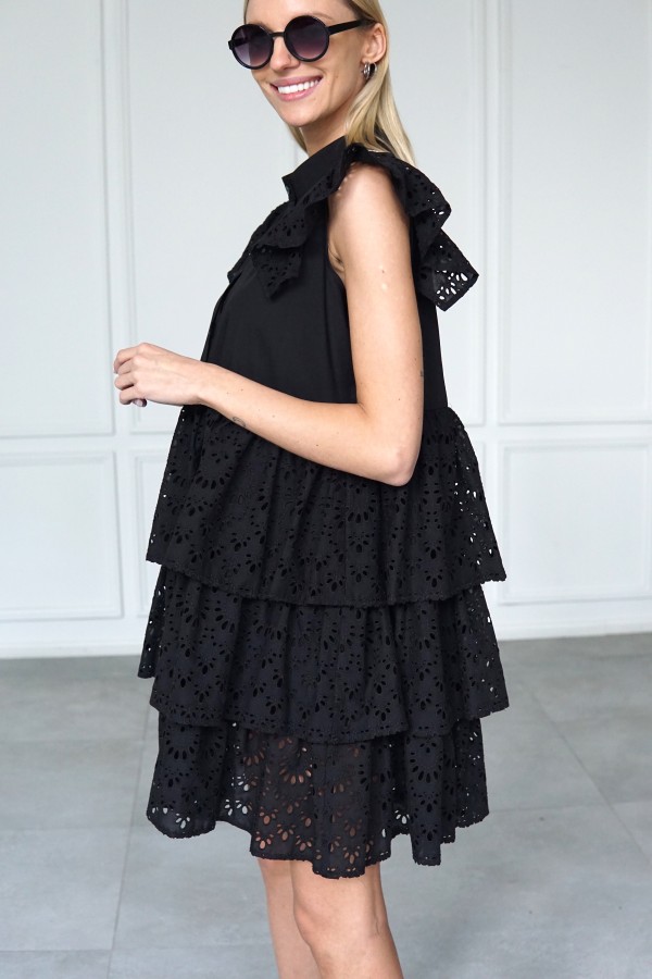 BLACK EMBROIDERED COTTON DRESS MONACO