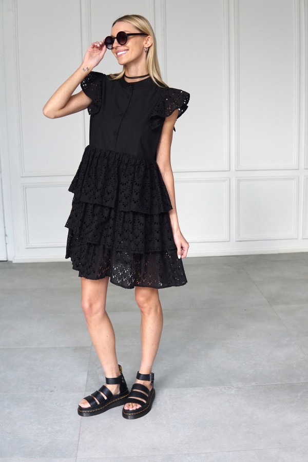 BLACK EMBROIDERED COTTON DRESS MONACO