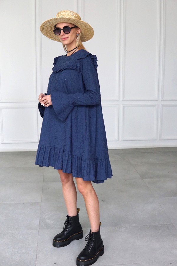 BLUE EMBROIDERED COTTON DRESS WITH LONG SLEEVES