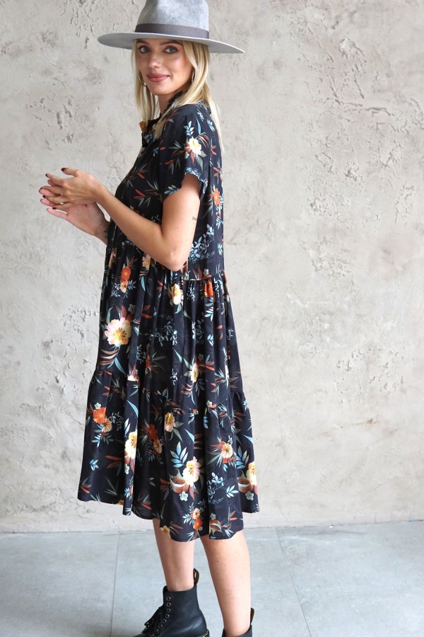 FLORAL VISCOSE DRESS WITH SHORT SLEEVES