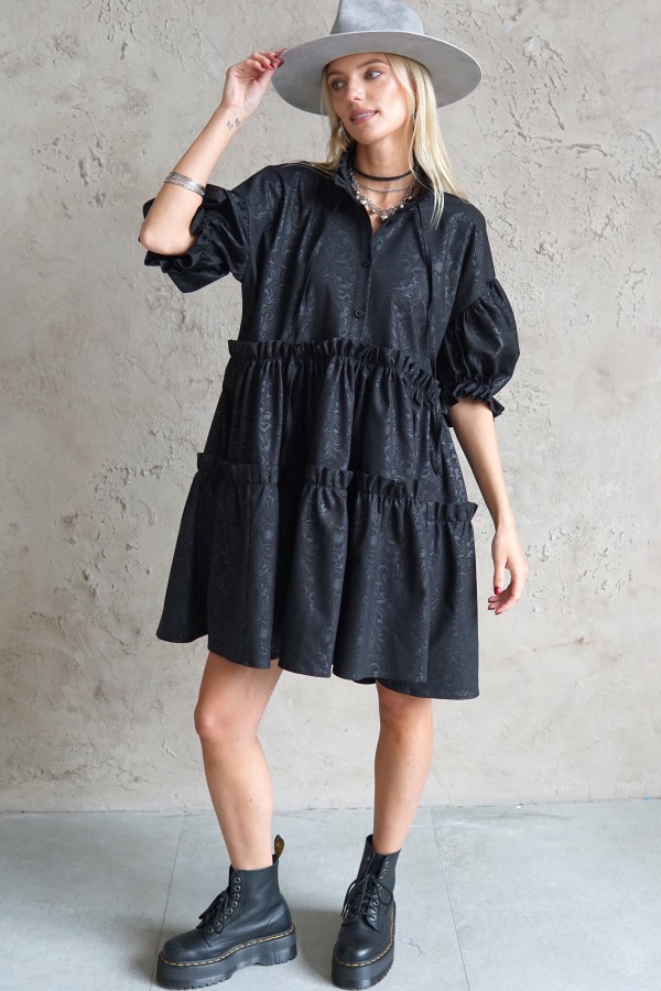 black jacquard dress with puff sleeves