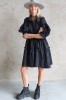 black jacquard dress with puff sleeves