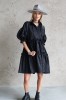 black jacquard dress with puff sleeves