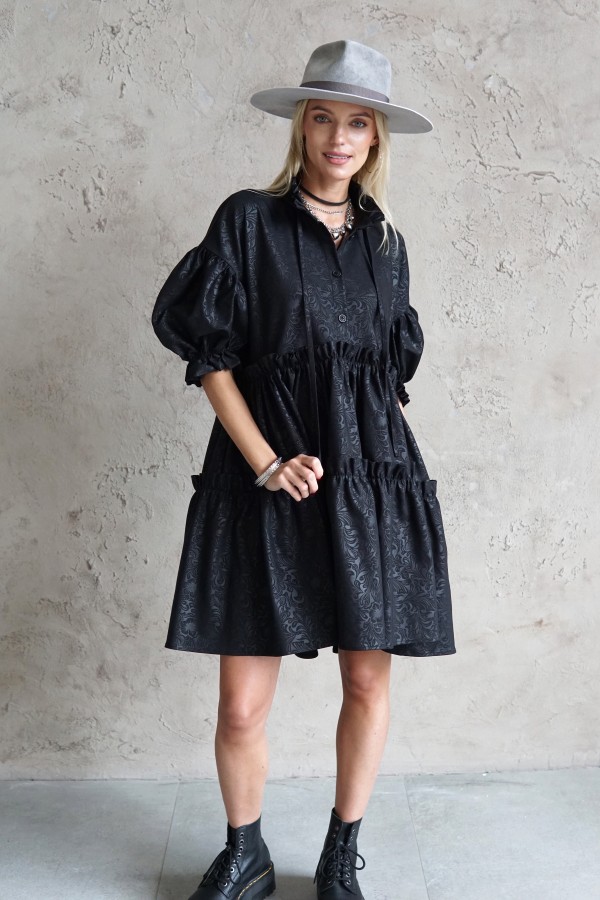 black jacquard dress with puff sleeves