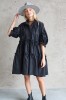 black jacquard dress with puff sleeves