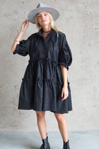 black jacquard dress with puff sleeves
