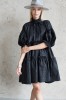 black jacquard dress with puff sleeves