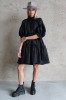 black jacquard dress with puff sleeves