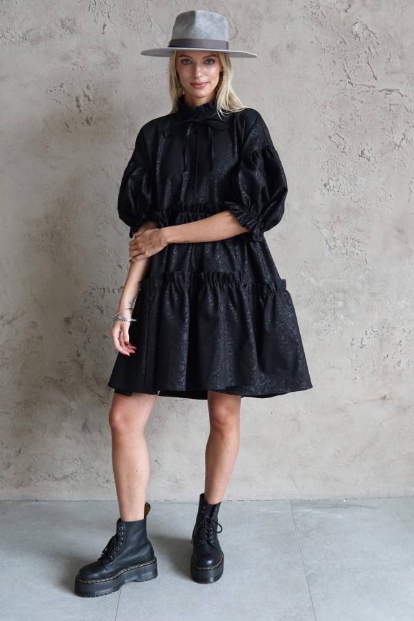 black jacquard dress with puff sleeves