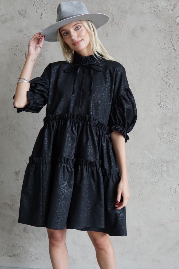 black jacquard dress with puff sleeves