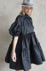 black jacquard dress with puff sleeves