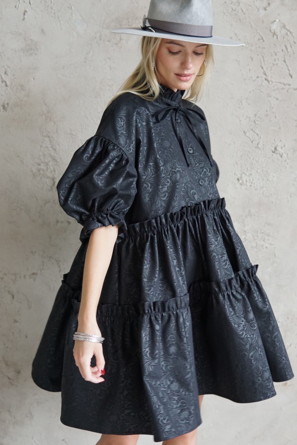 black jacquard dress with puff sleeves