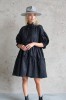 black jacquard dress with puff sleeves