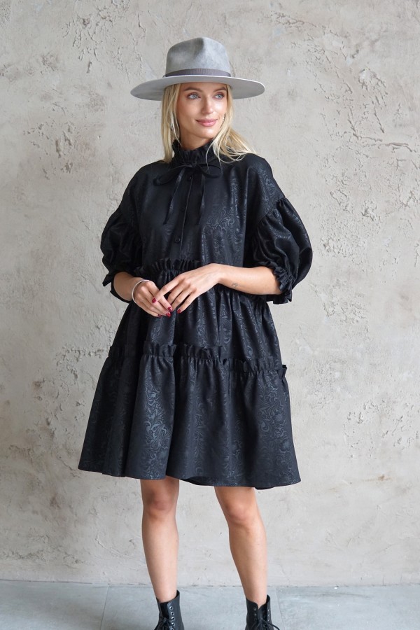 black jacquard dress with puff sleeves