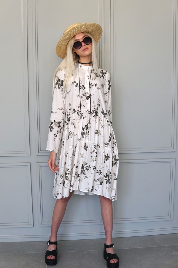 White flowery dress, white long sleeve dress