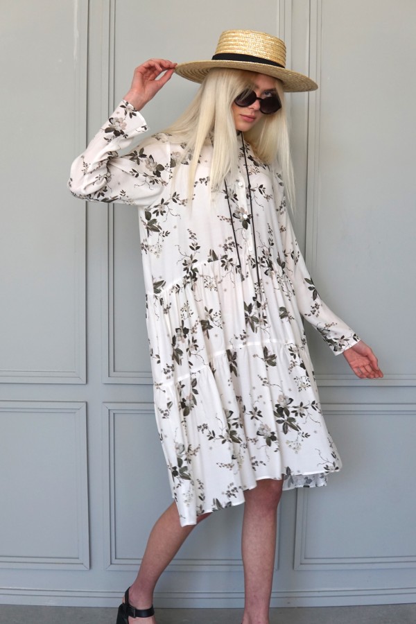 White flowery dress, white long sleeve dress