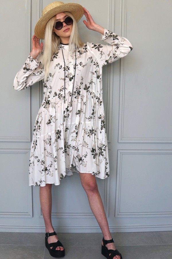 White flowery dress, white long sleeve dress