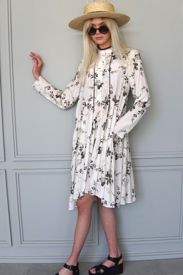 White flowery dress, white long sleeve dress