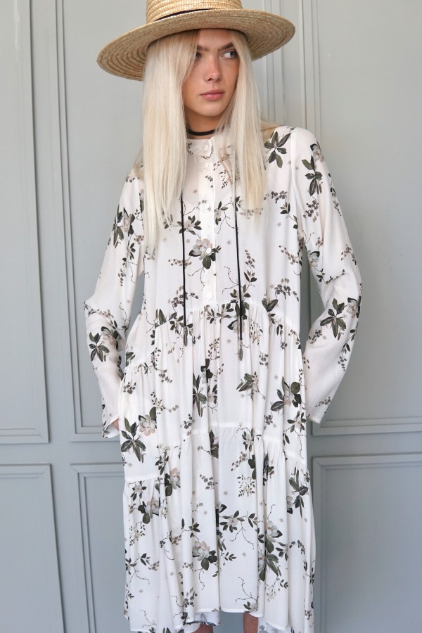 White flowery dress, white long sleeve dress