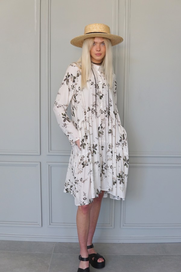 White flowery dress, white long sleeve dress