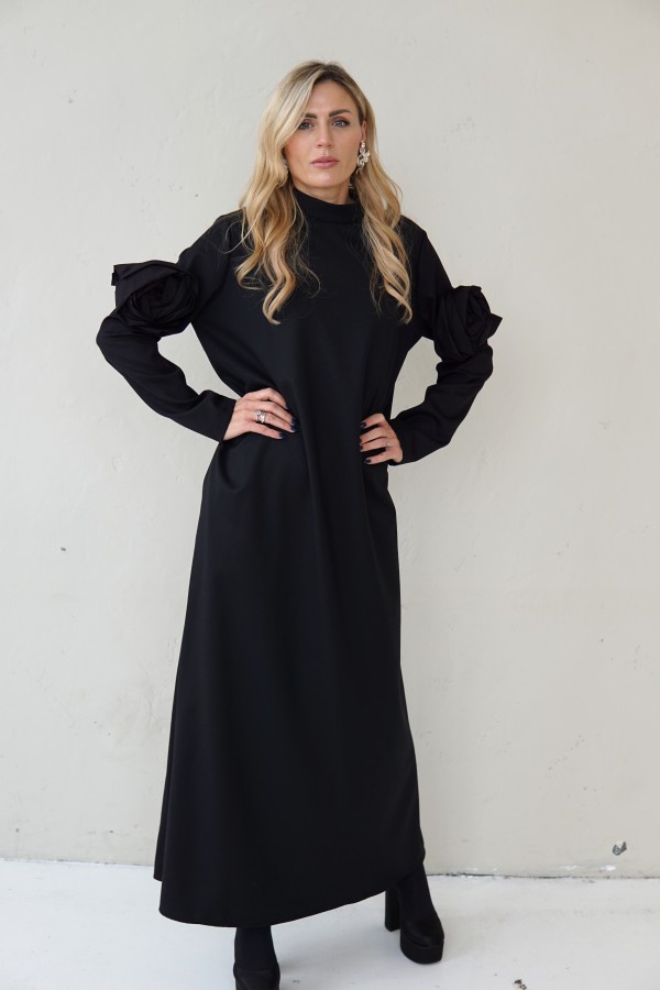 Edgy Wool Couture Gown, Black Maxi Dress with Taffeta Roses
