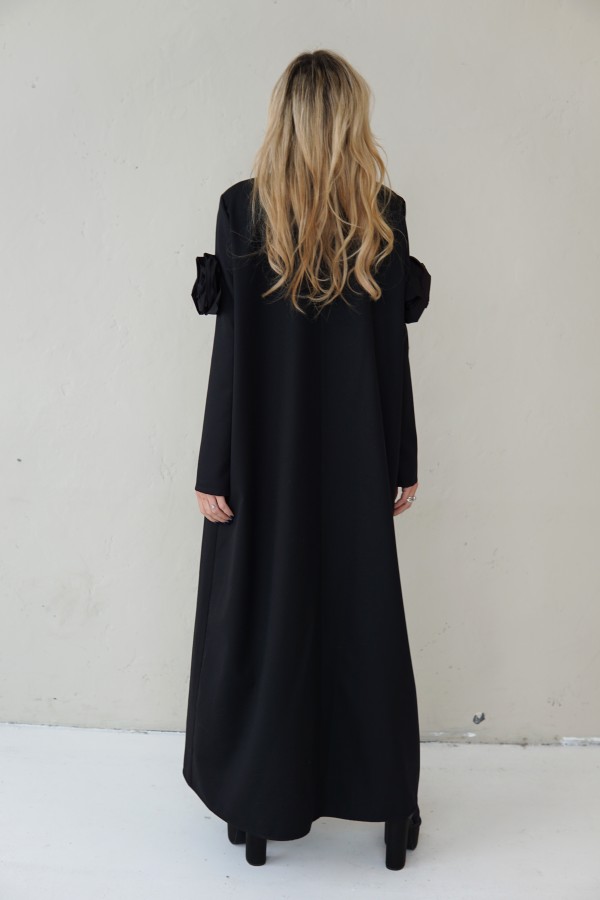 Edgy Wool Couture Gown, Black Maxi Dress with Taffeta Roses