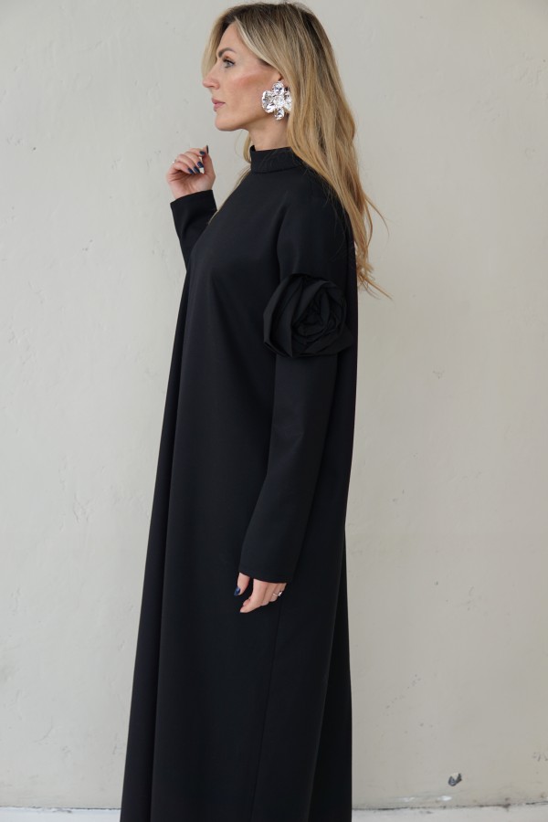 Edgy Wool Couture Gown, Black Maxi Dress with Taffeta Roses