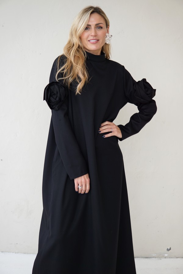 Edgy Wool Couture Gown, Black Maxi Dress with Taffeta Roses