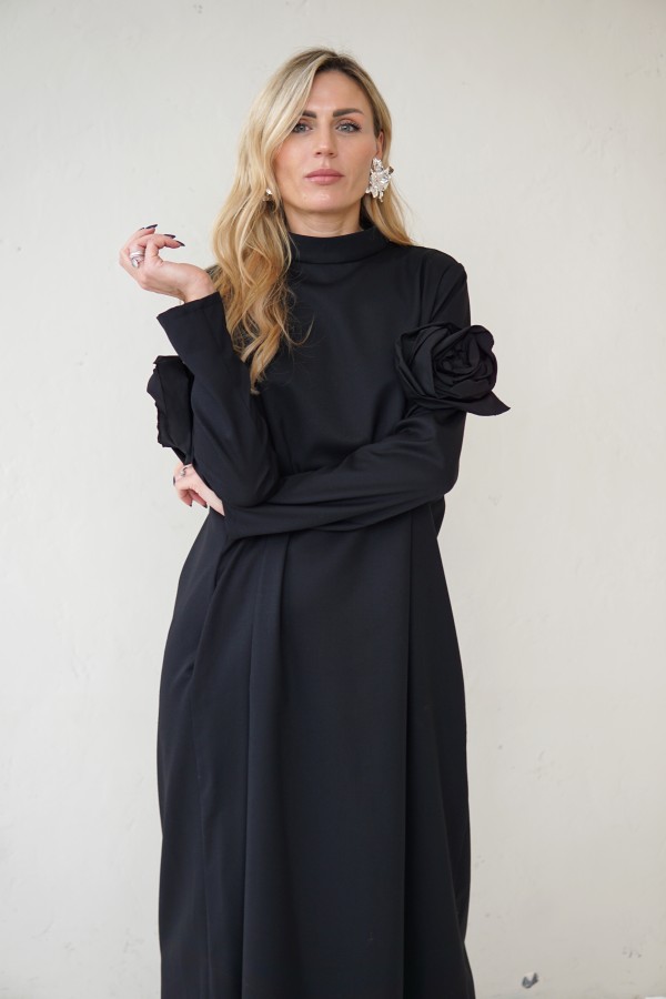Edgy Wool Couture Gown, Black Maxi Dress with Taffeta Roses