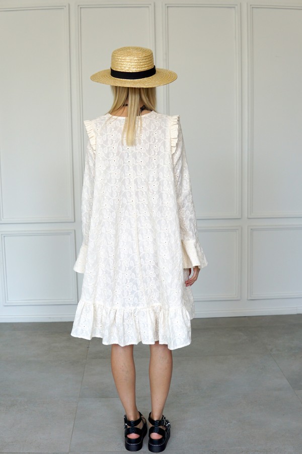 Embroidered cotton dress with long sleeves