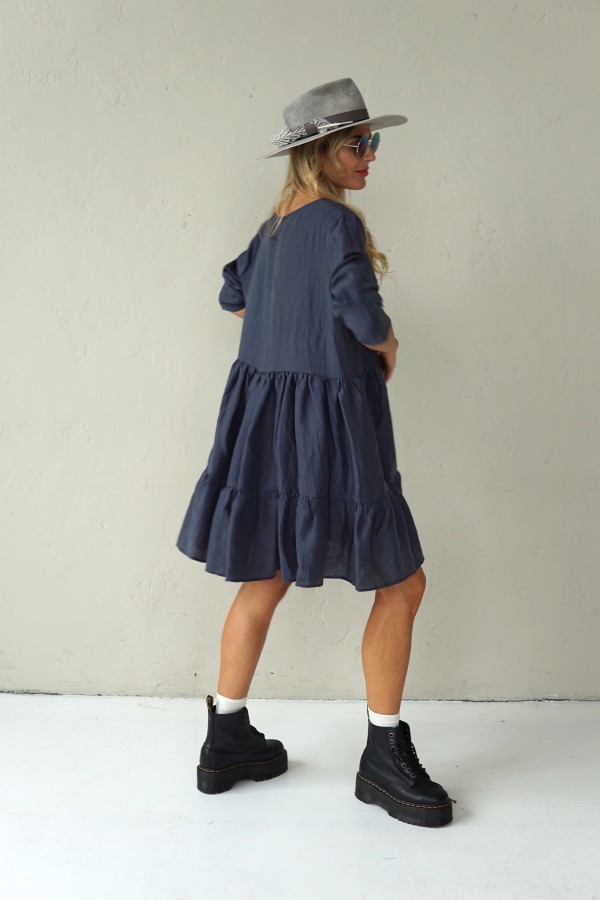 GREY LINEN DRESS WITH LONG SLEEVE