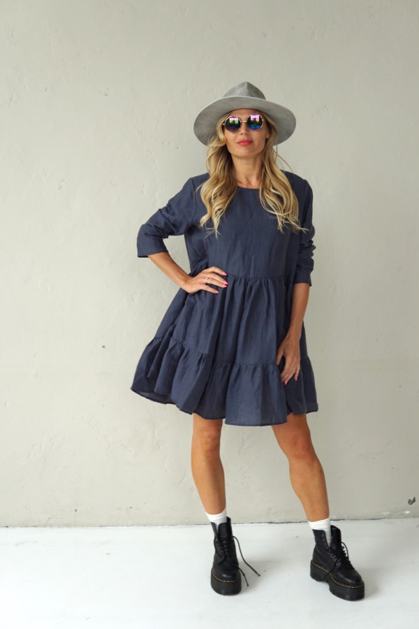 GREY LINEN DRESS WITH LONG SLEEVE